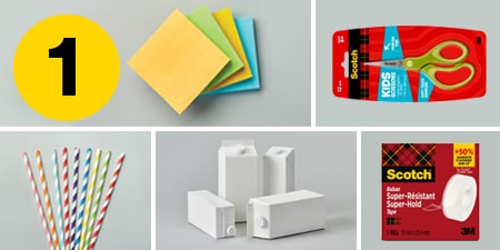 Krok 1 - potrzebne przybory: Karteczki Post-it®, nożyczki dla dzieci Scotch™, taśma Super-Hold Scotch®, kartony po mleku i papierowe słomki
