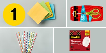Krok 1 - potrzebne przybory: Karteczki Post-it®, nożyczki dla dzieci Scotch™, taśma Super-Hold Scotch® i papierowe słomki

